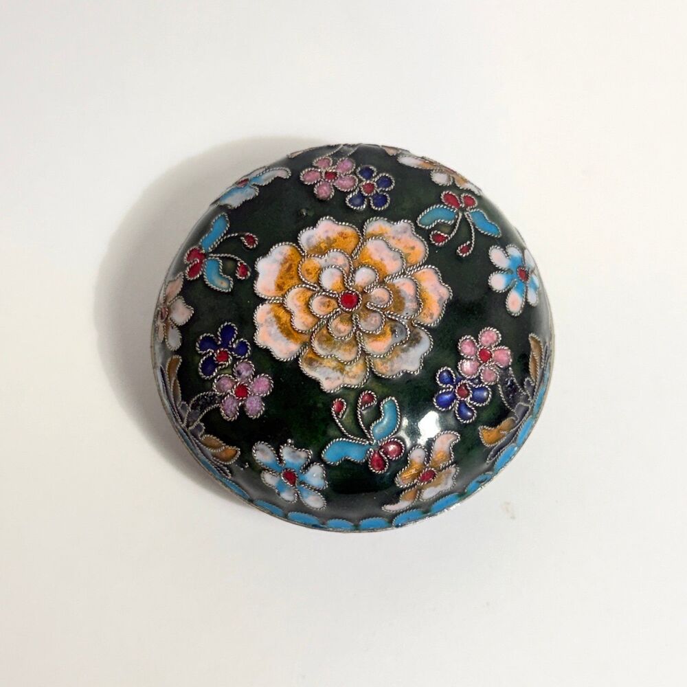 Vintage Cloisonné Lidded Round Trinket Box Flowers 3”